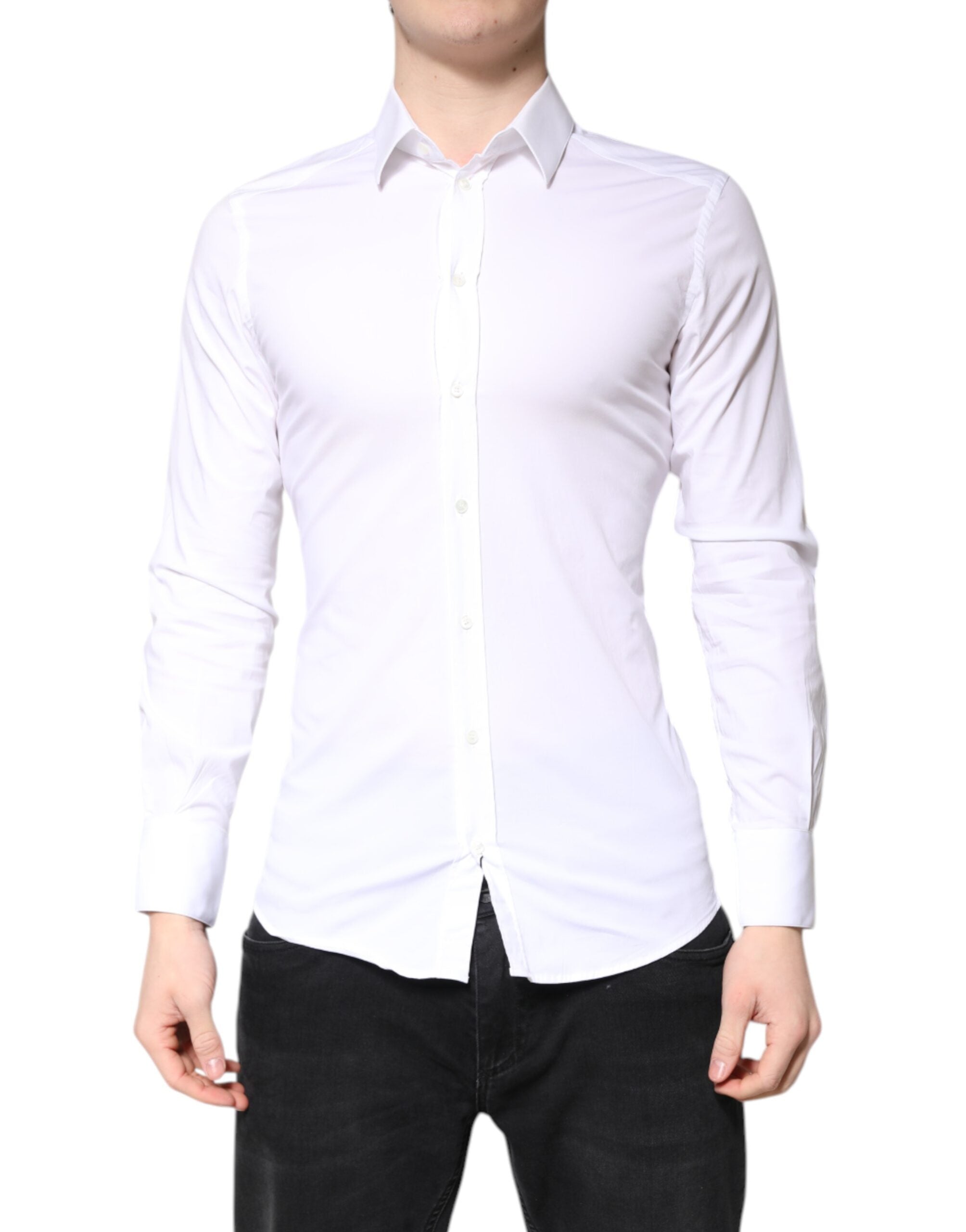 Dolce & Gabbana White Cotton Dress GOLD Formal Collar Shirt